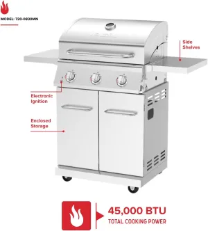 Nexgrill Stainless Steel 3-Burner Propane Gas Grill w/Foldable Side Shelves, 40,500BTUS, 591.05 sq. in. Cooking Area, Perfect for Outdoor Cooking & Grilling, BBQs, Backyard, Tailgating, 720-0830MN