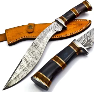 Nooraki - 15-inch | Handmade Damascus Steel Heavy Duty Kukri Knife Sharp Blade, With Leather Sheath | Ideal for Hunting, Bushcraft, Survival, Chopping, Camping, Outdoor Gift for Men Women - KK155