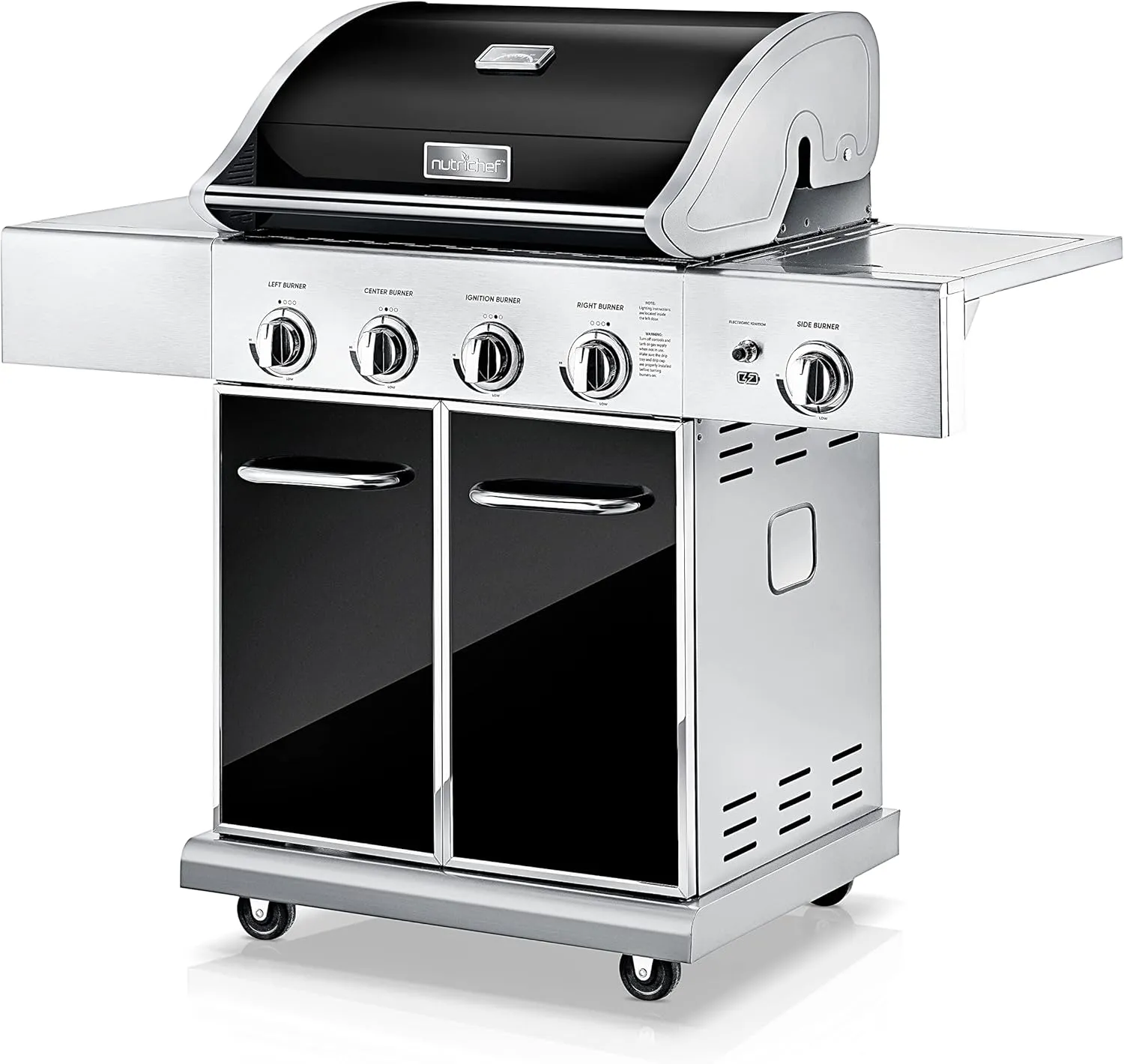 NutriChef 52,000 BTU 5-Burner Stainless Steel Propane Gas Grill with Portable Design, Electronic Ignition, Built-in Thermometer and Heavy-Duty Construction