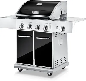 NutriChef 52,000 BTU 5-Burner Stainless Steel Propane Gas Grill with Portable Design, Electronic Ignition, Built-in Thermometer and Heavy-Duty Construction