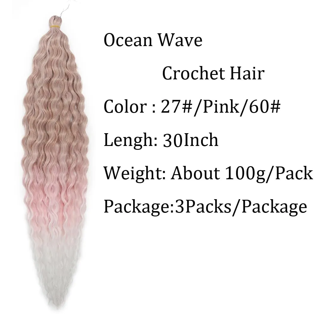 Ocean Wave Crochet Hair 30 Inch 3 Packs Deep Wave Braiding Hair Deep Curly Twist Crochet Hair For Black Women Synthetic Wavy Braiding Hair Extensions(AC-30Inch,Blond/Pink/Beige)
