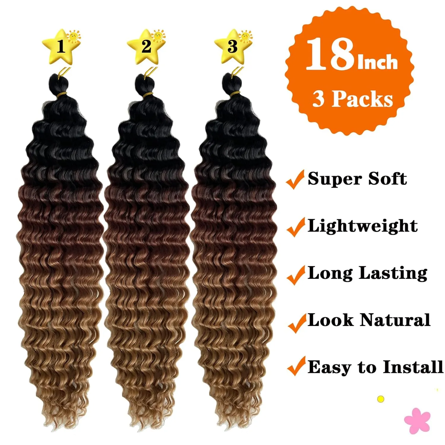 Ocean Wave Crochet Hair Ombre Brown Curly 18 Inch Deep Wave for Bohemian Knotless Braids Water Wave Hair for Women (18 Inch, 1B/30/27#)