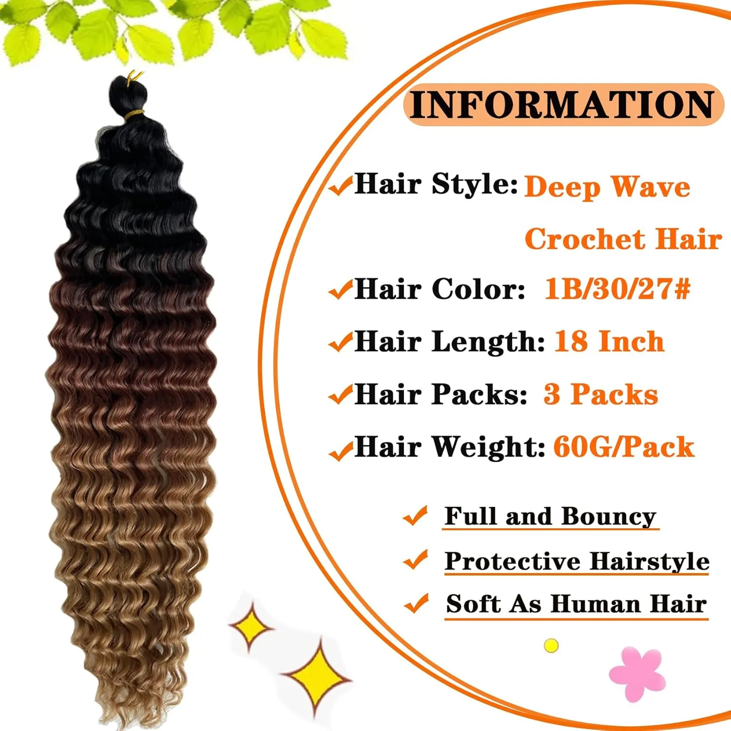 Ocean Wave Crochet Hair Ombre Brown Curly 18 Inch Deep Wave for Bohemian Knotless Braids Water Wave Hair for Women (18 Inch, 1B/30/27#)