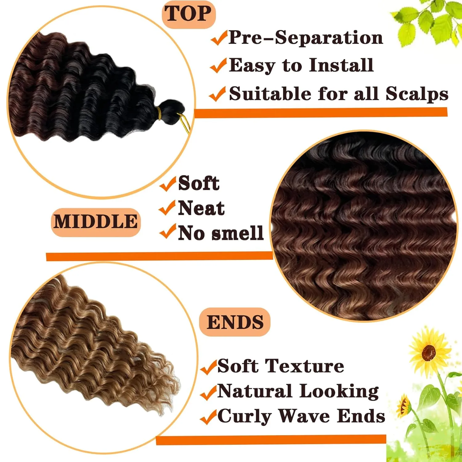 Ocean Wave Crochet Hair Ombre Brown Curly 18 Inch Deep Wave for Bohemian Knotless Braids Water Wave Hair for Women (18 Inch, 1B/30/27#)