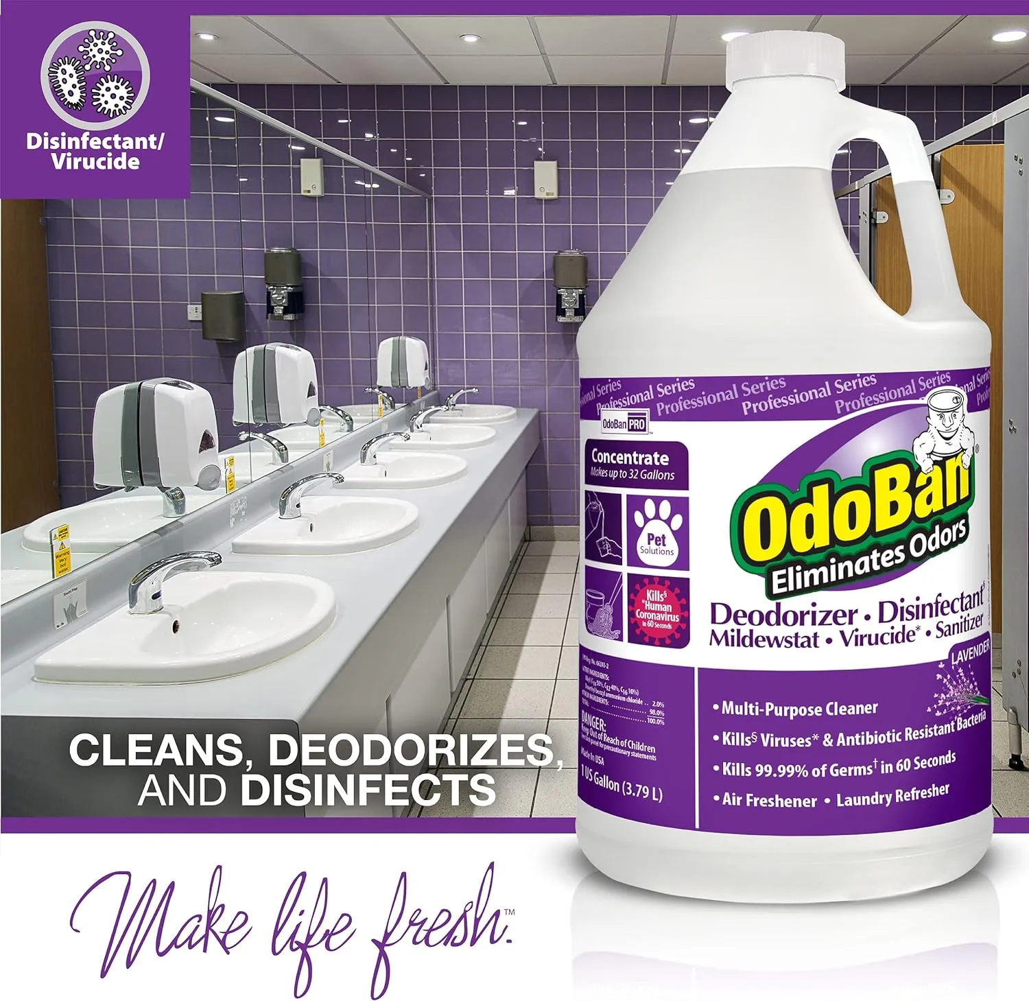 OdoBan Professional Disinfectant and Odor Eliminator Concentrate, 2-Pack, 1 Gallon Each Original Eucalyptus and Lavender Scents
