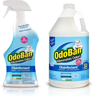 OdoBan Ready-to-Use Disinfectant and Odor Eliminator, Set of 2, 32 oz Spray and 1 Gallon Concentrate, Fresh Linen Scent