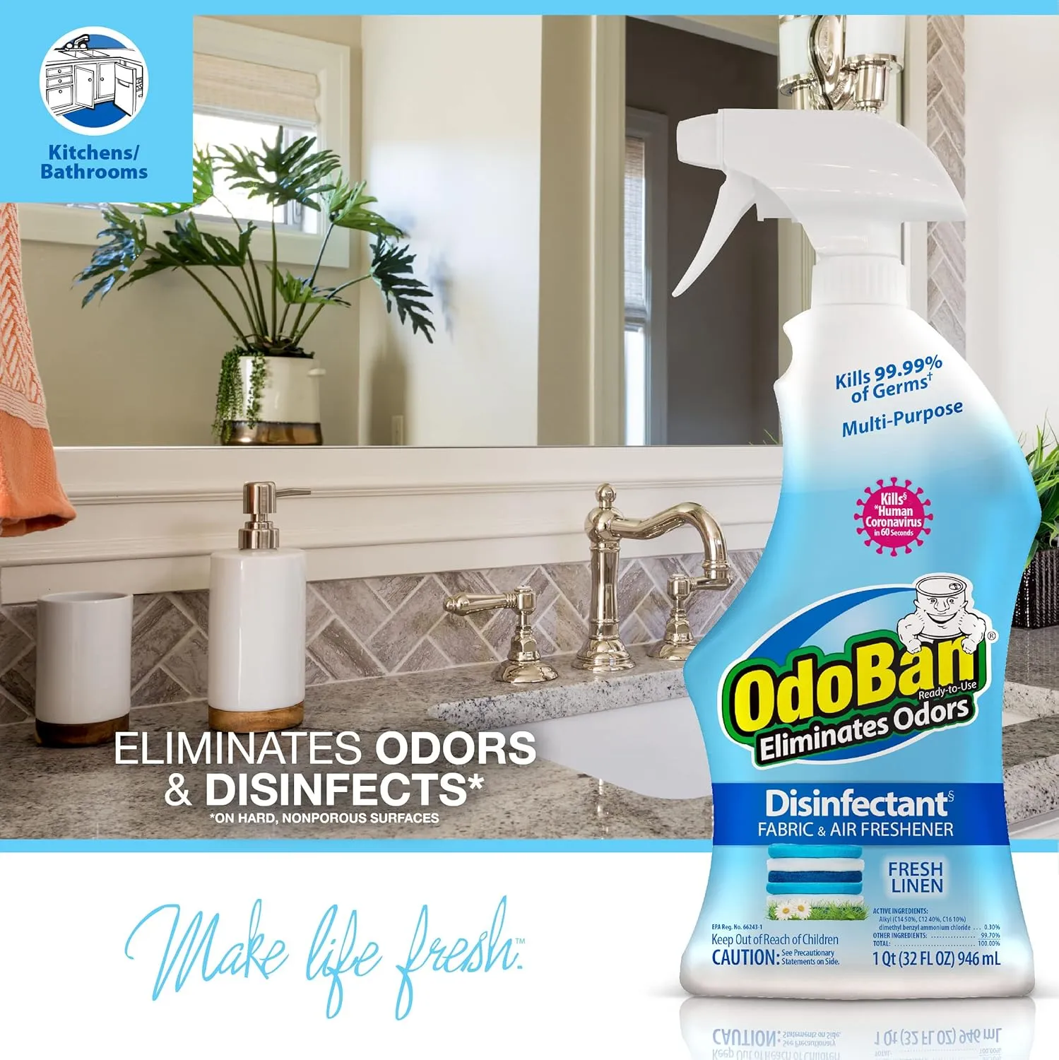 OdoBan Ready-to-Use Disinfectant and Odor Eliminator, Set of 2, 32 oz Spray and 1 Gallon Concentrate, Fresh Linen Scent