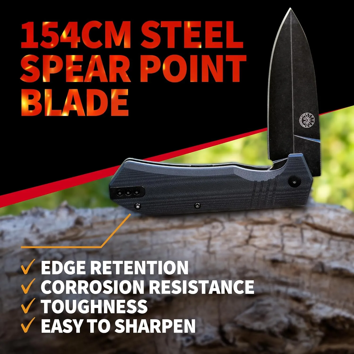 Off-Grid Knives - Stinger XL Folding Knife w. Spear Point Blade, Crucible 154CM Steel, G10 Scales, Deep Carry Clip (Blackwash)