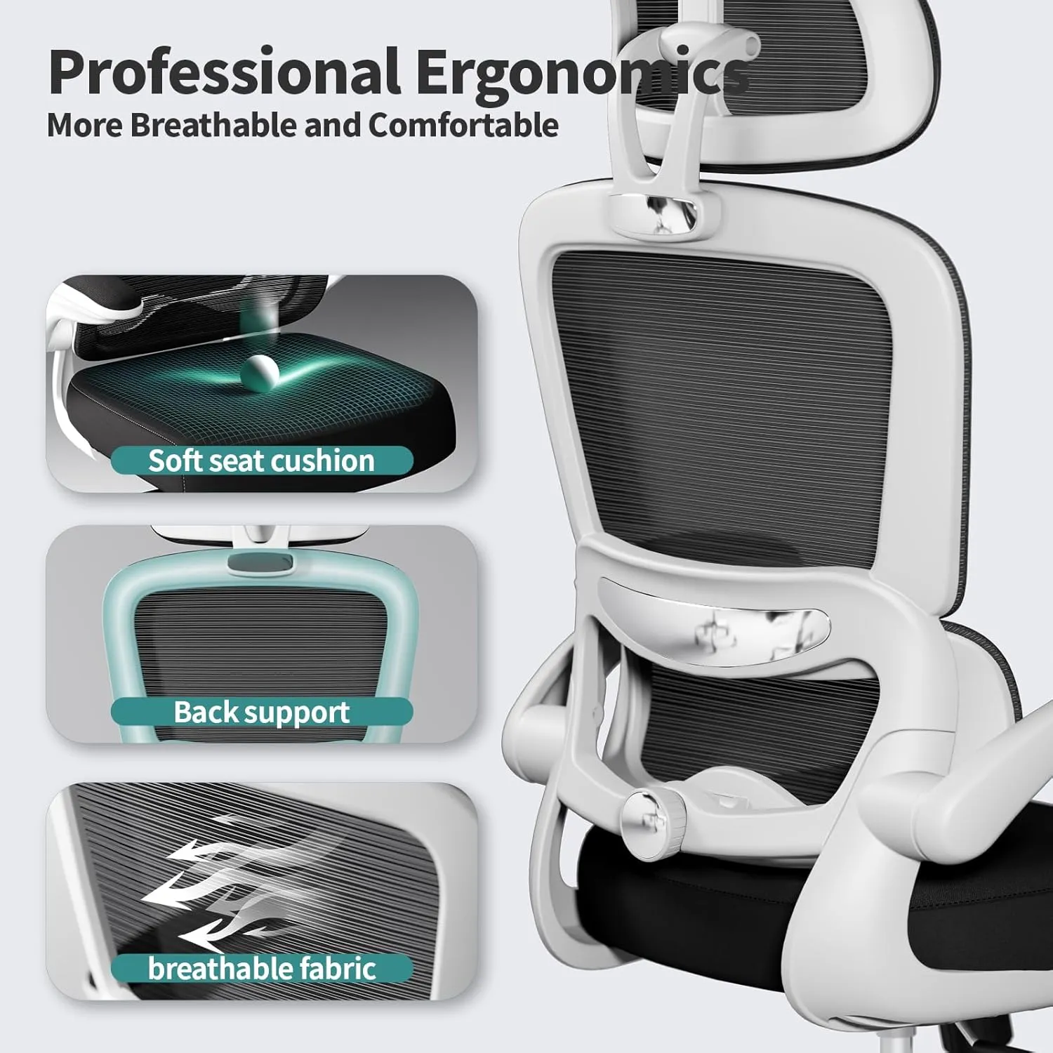 Office Chair Ergonomic Desk Chair, 330 LBS Home Mesh Office Desk Chairs with Wheels, Comfortable Gaming Chair, High Back Office Chair for Long Hours (Black & White)