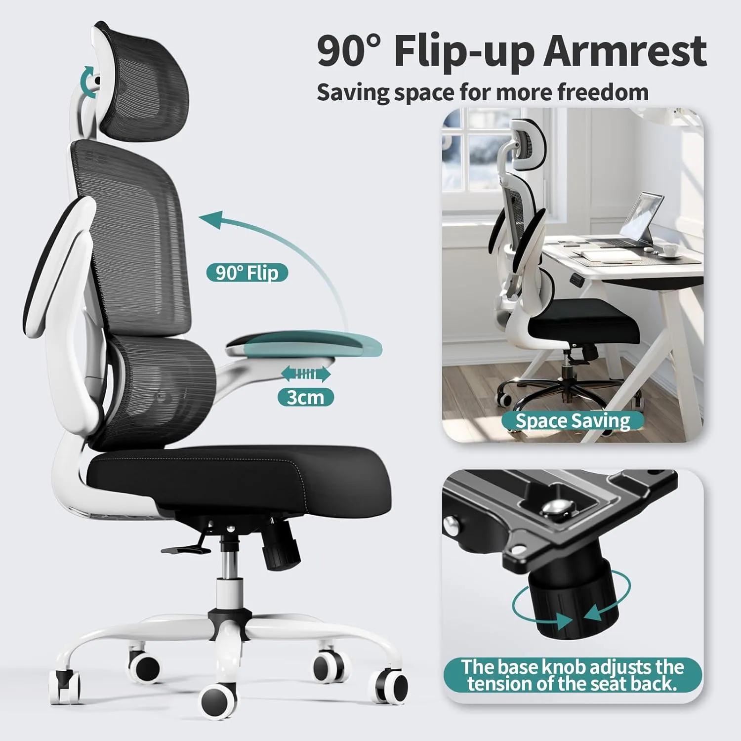 Office Chair Ergonomic Desk Chair, 330 LBS Home Mesh Office Desk Chairs with Wheels, Comfortable Gaming Chair, High Back Office Chair for Long Hours (Black & White)