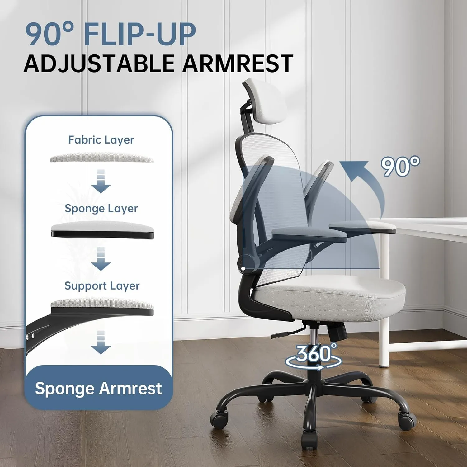 Office Chair Ergonomic Desk Chair, 330LBS Capacity, High Back Computer Chair for Long Hours Comfortable, Rolling Swivel Executive Task Chair for Home Office with Flip-up Armrests, Black Grey