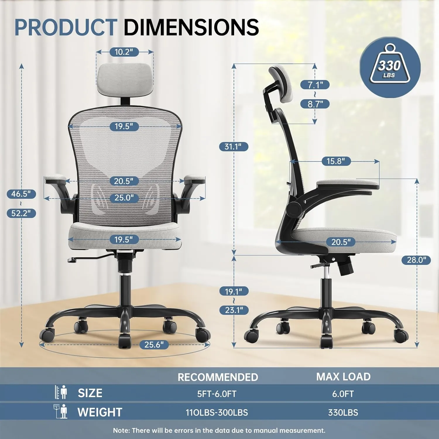 Office Chair Ergonomic Desk Chair, 330LBS Capacity, High Back Computer Chair for Long Hours Comfortable, Rolling Swivel Executive Task Chair for Home Office with Flip-up Armrests, Black Grey