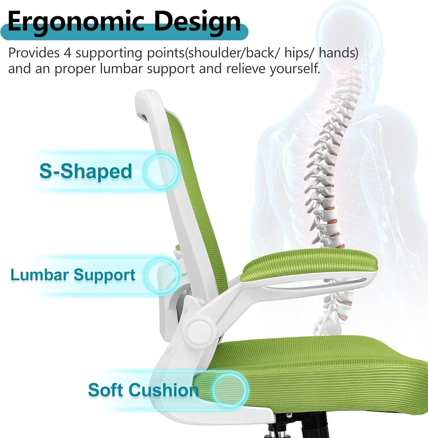 Office Chair, FelixKing Ergonomic Desk Chair Breathable Mesh Chair with Adjustable High Back Lumbar Support Flip-up Armrests, Executive Rolling Swivel Comfy Task Computer Chair for Home Office (Green)