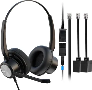 Office Phone Headset 2 Ears RJ9 RJ11 Call Center Telephone Headphone with Noise Cancelling Microphone for Grandstream Sangoma Yealink Snom Landline Phones SIP and IP Phones