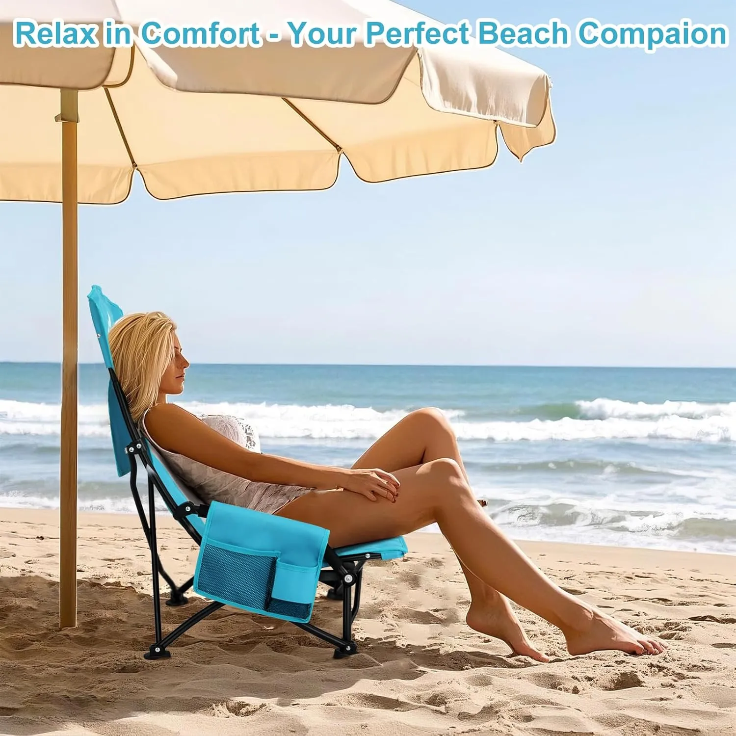 Oileus Folding Portable Beach Chair, High-Back Low-Seat Lightweight Chair for Beach Tents, Shelters, and Camping, Full Mesh Backrest | Cup Holder | Storage Bag | Carrying Bag | 2 Armrests