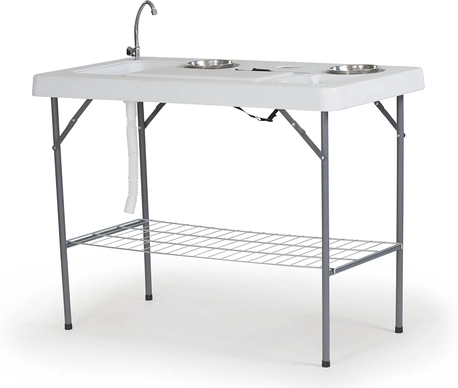 Old Cedar Outfitters Deluxe Fish Fillet Table, or Portable Folding Camping Kitchen with Cutting Board, Bowls, Knife, Odor Bar, Sink, Drain and More! 49.8" x 25.6" x 37.2", White,Camp