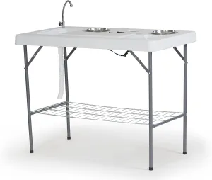 Old Cedar Outfitters Deluxe Fish Fillet Table, or Portable Folding Camping Kitchen with Cutting Board, Bowls, Knife, Odor Bar, Sink, Drain and More! 49.8" x 25.6" x 37.2", White,Camp