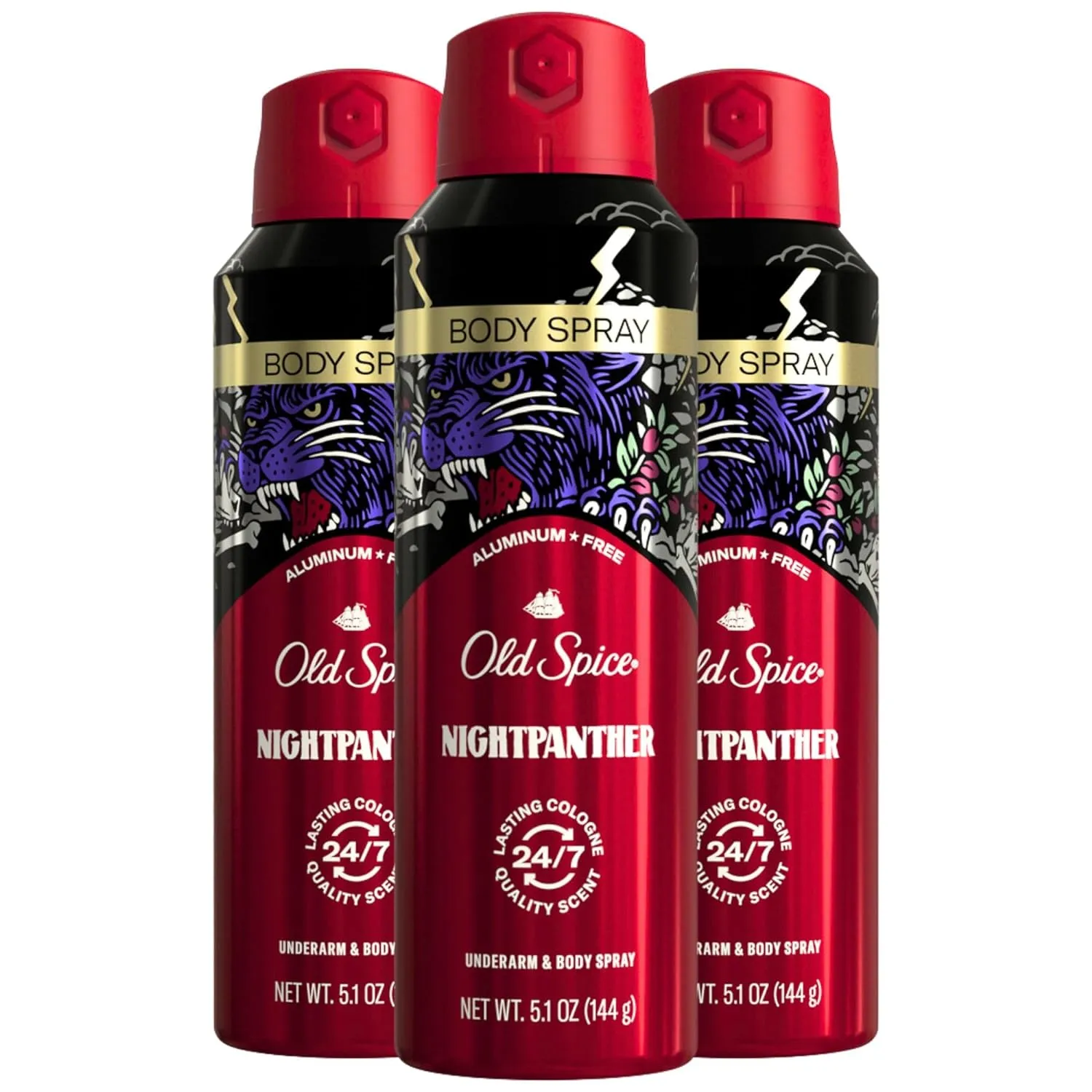Old Spice Aluminum Free Body Spray for Men, 24/7 Odor Protection, 24/7 Lasting Fragnance & Freshness, Cologne Quality Scent, Nightpanther with Rich Warm Scent, 5.1 oz (Pack of 3)