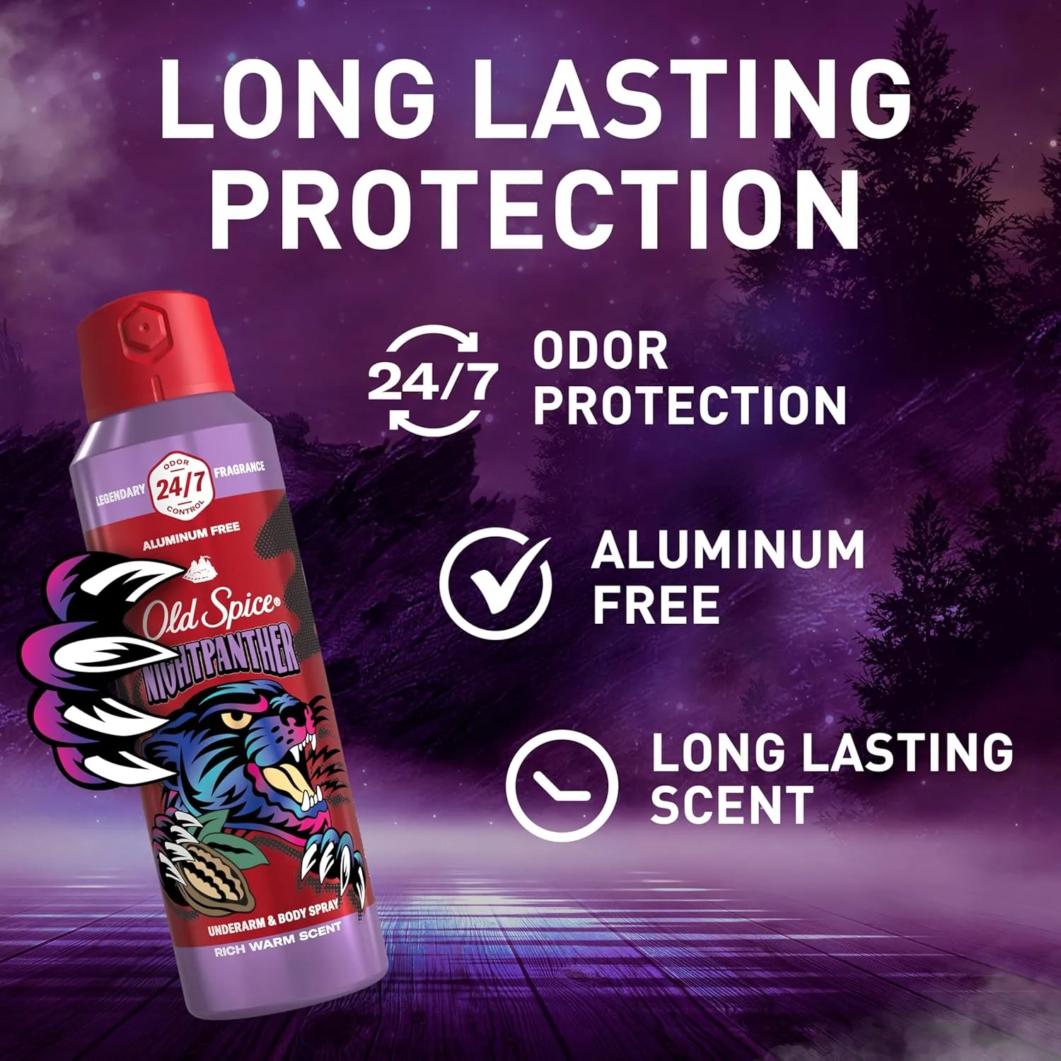 Old Spice Aluminum Free Body Spray for Men, 24/7 Odor Protection, 24/7 Lasting Fragnance & Freshness, Cologne Quality Scent, Nightpanther with Rich Warm Scent, 5.1 oz (Pack of 3)