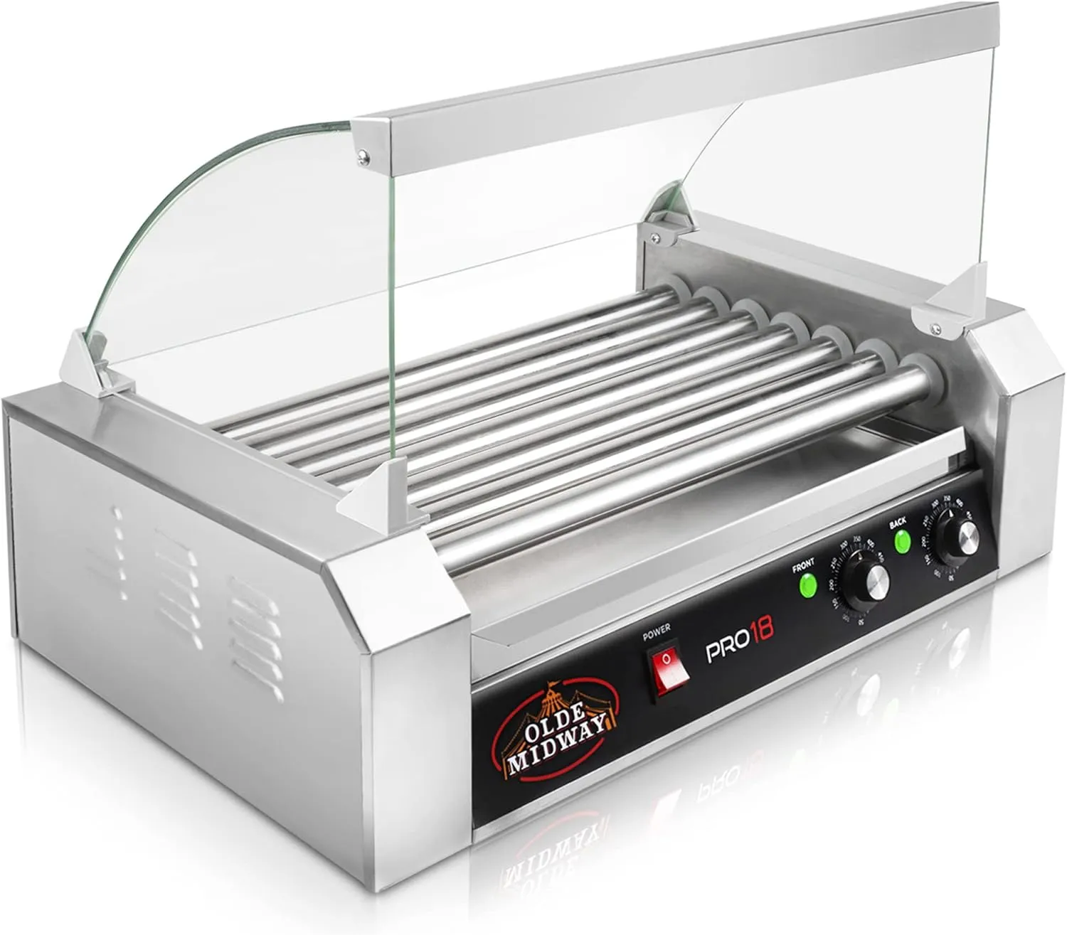 Olde Midway Electric 18 Hot Dog 7 Roller Grill Cooker Machine with Cover 900-Watt - Commercial Grade