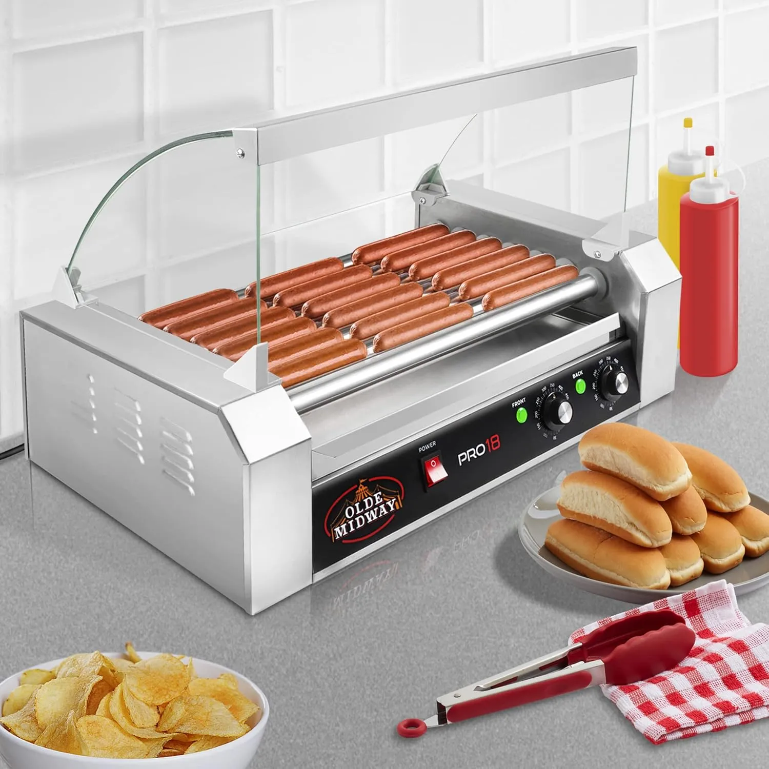 Olde Midway Electric 18 Hot Dog 7 Roller Grill Cooker Machine with Cover 900-Watt - Commercial Grade