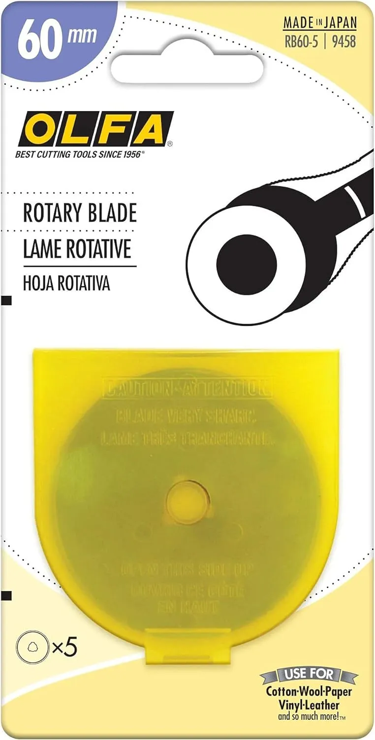 OLFA 60mm Rotary Cutter Replacement Blades, 5 Blades (RB60-5) - Tungsten Steel Circular Rotary Fabric Cutter Blade for Crafts, Sewing, Quilting, Fits Most 60mm Rotary Cutters