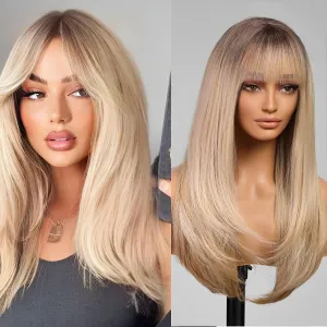 Ombre Blonde Long Layered Wig with Bangs,Straight Hair Wigs for Women,Synthetic Heat Resistant Natural Looking Hair Wig for Party Cosplay Dality Use…