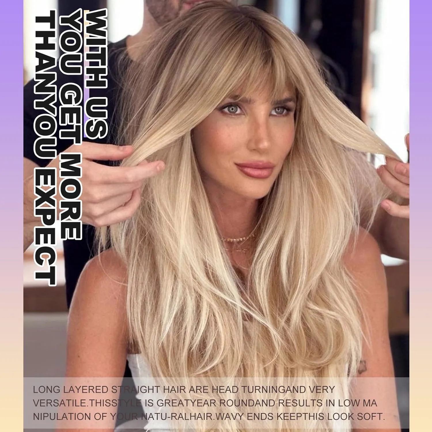Ombre Blonde Long Layered Wig with Bangs,Straight Hair Wigs for Women,Synthetic Heat Resistant Natural Looking Hair Wig for Party Cosplay Dality Use…