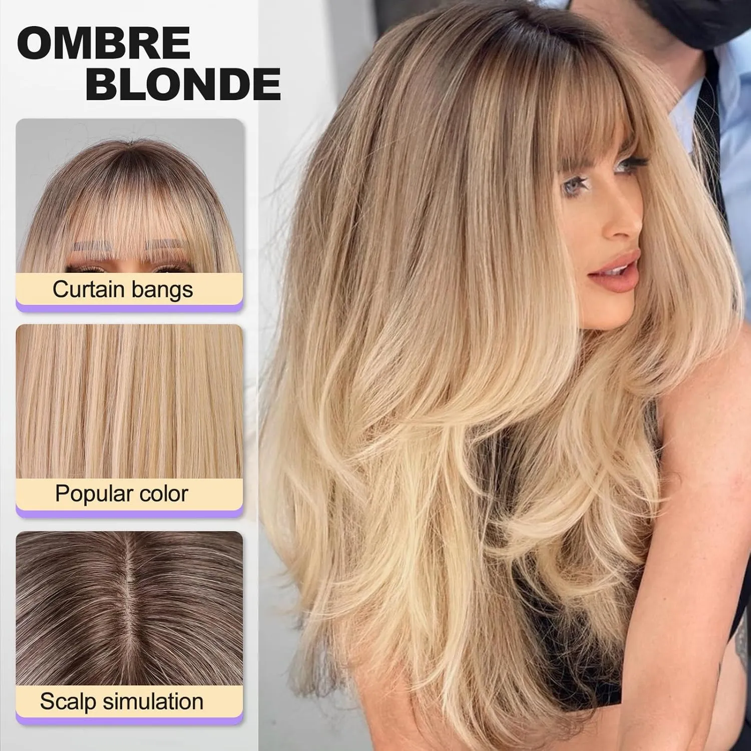 Ombre Blonde Long Layered Wig with Bangs,Straight Hair Wigs for Women,Synthetic Heat Resistant Natural Looking Hair Wig for Party Cosplay Dality Use…