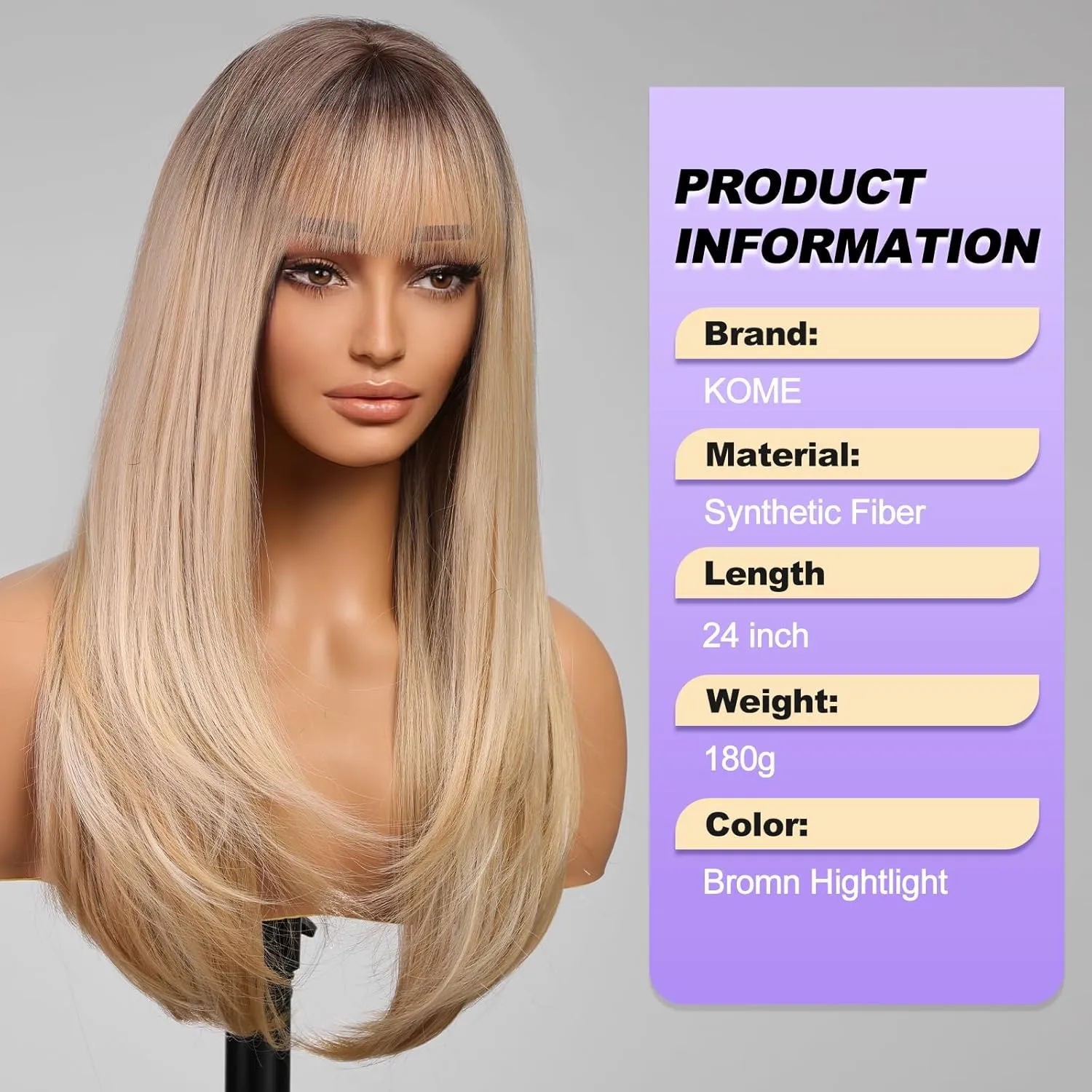 Ombre Blonde Long Layered Wig with Bangs,Straight Hair Wigs for Women,Synthetic Heat Resistant Natural Looking Hair Wig for Party Cosplay Dality Use…