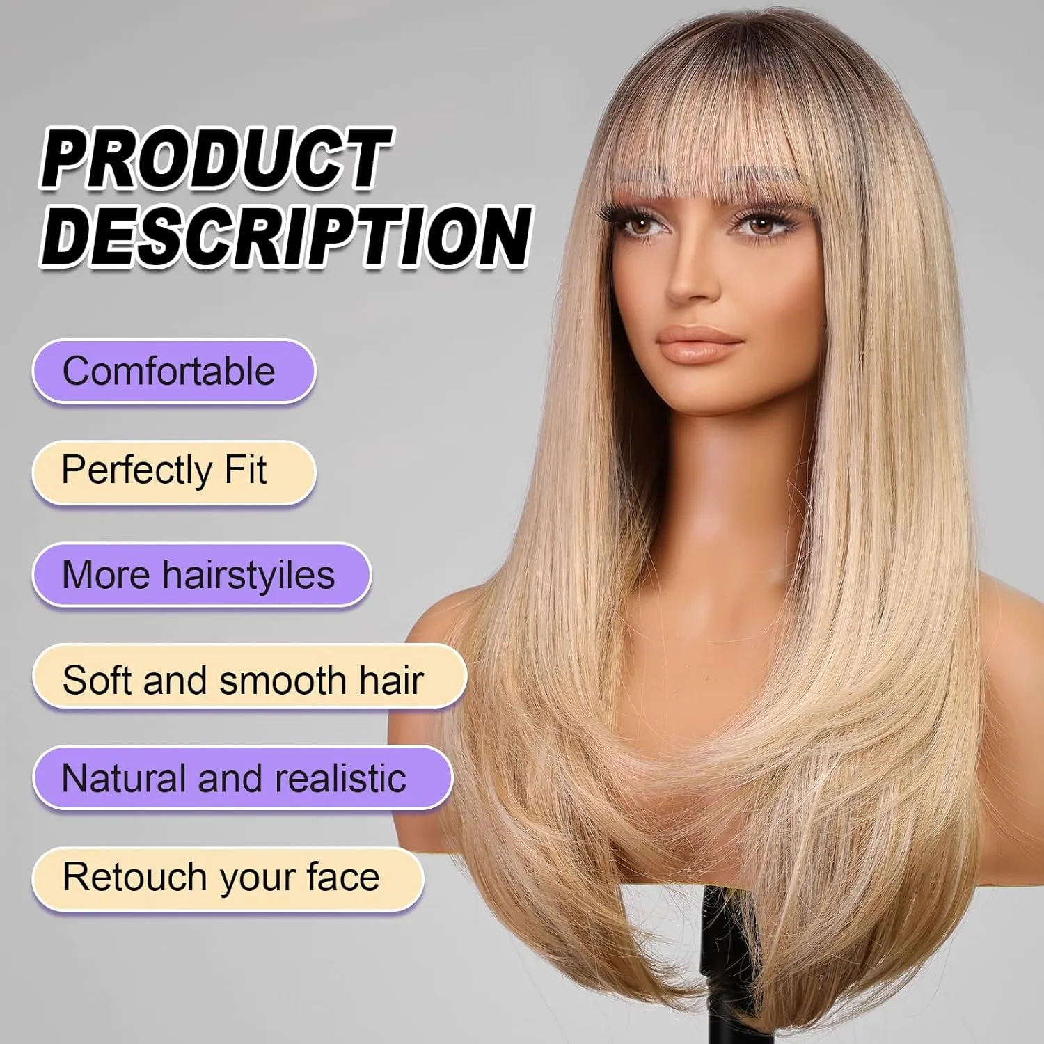 Ombre Blonde Long Layered Wig with Bangs,Straight Hair Wigs for Women,Synthetic Heat Resistant Natural Looking Hair Wig for Party Cosplay Dality Use…