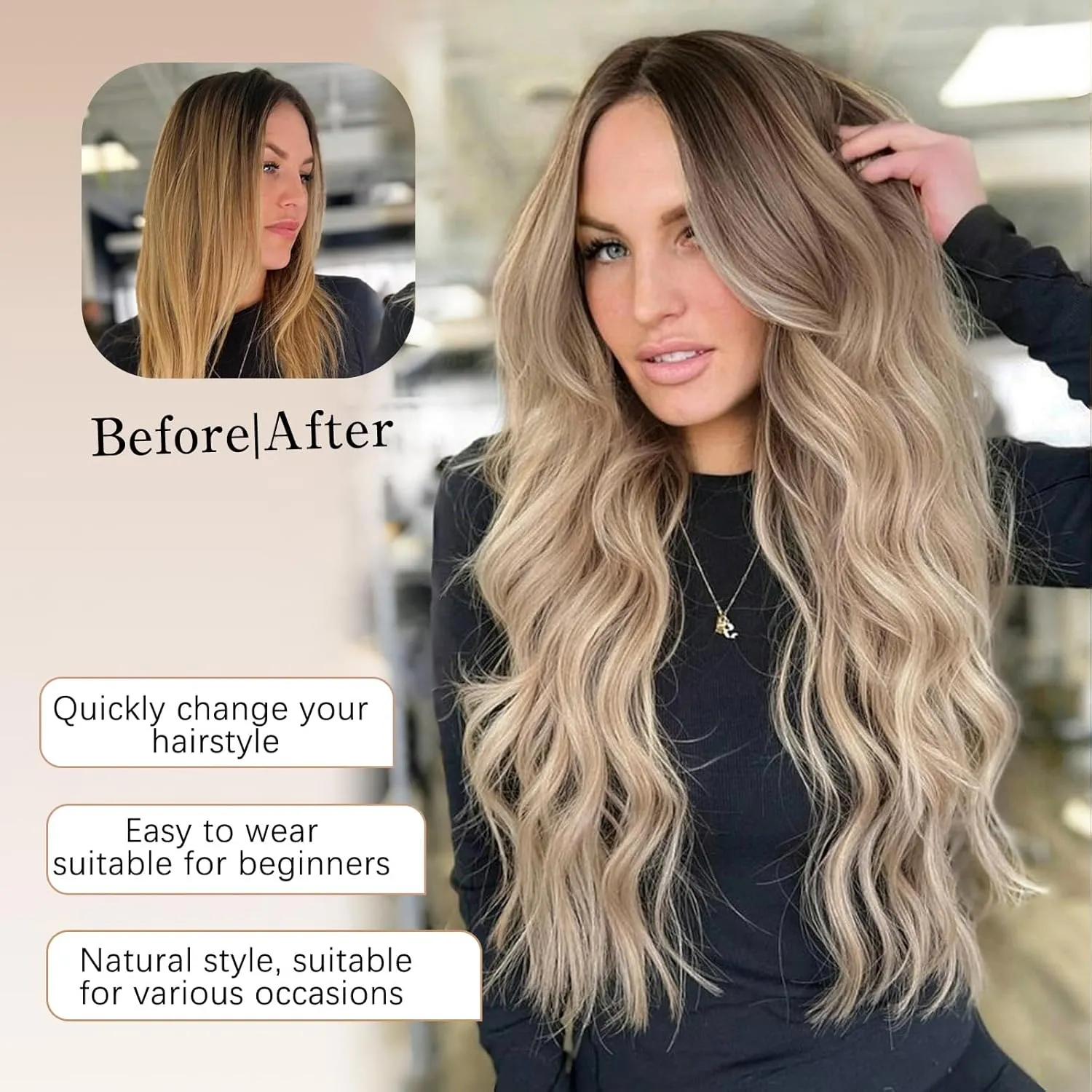 Ombre Blonde Wigs for Women, Long Blonde Wavy Wig, 26 Inch Middle Part Natural Looking Synthetic Heat Resistant Wig for Daily Party Use