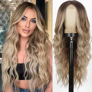 Ombre Blonde Wigs for Women, Long Blonde Wavy Wig, 26 Inch Middle Part Natural Looking Synthetic Heat Resistant Wig for Daily Party Use
