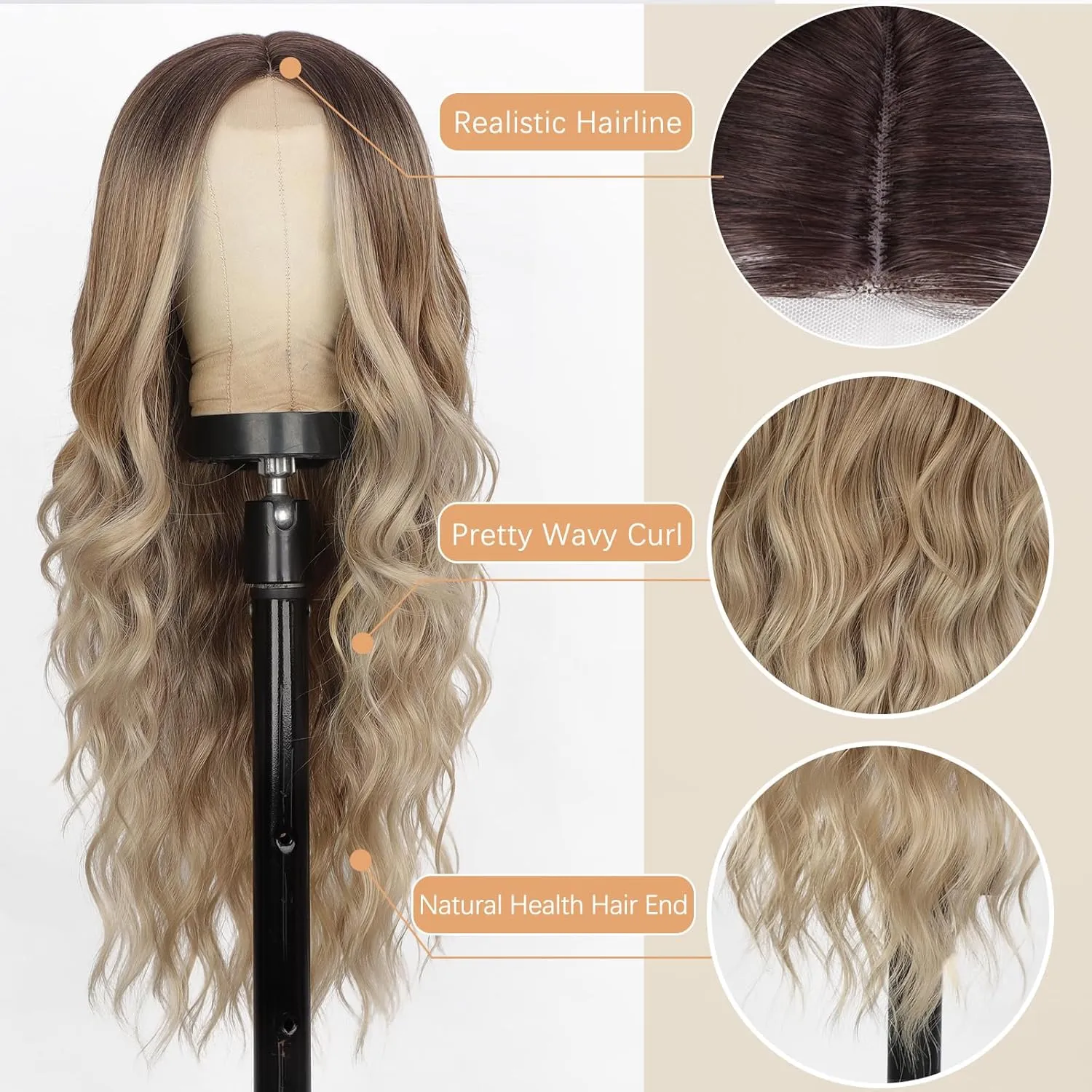 Ombre Blonde Wigs for Women, Long Blonde Wavy Wig, 26 Inch Middle Part Natural Looking Synthetic Heat Resistant Wig for Daily Party Use