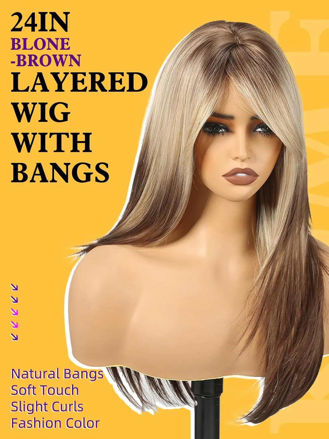 Ombre Blone-Brown Long Layered Straight Wig with Curtain Bangs for Women,Synthetic Heat Resistant Natural Looking Hair Wig for Party Cosplay Dality Use 24IN