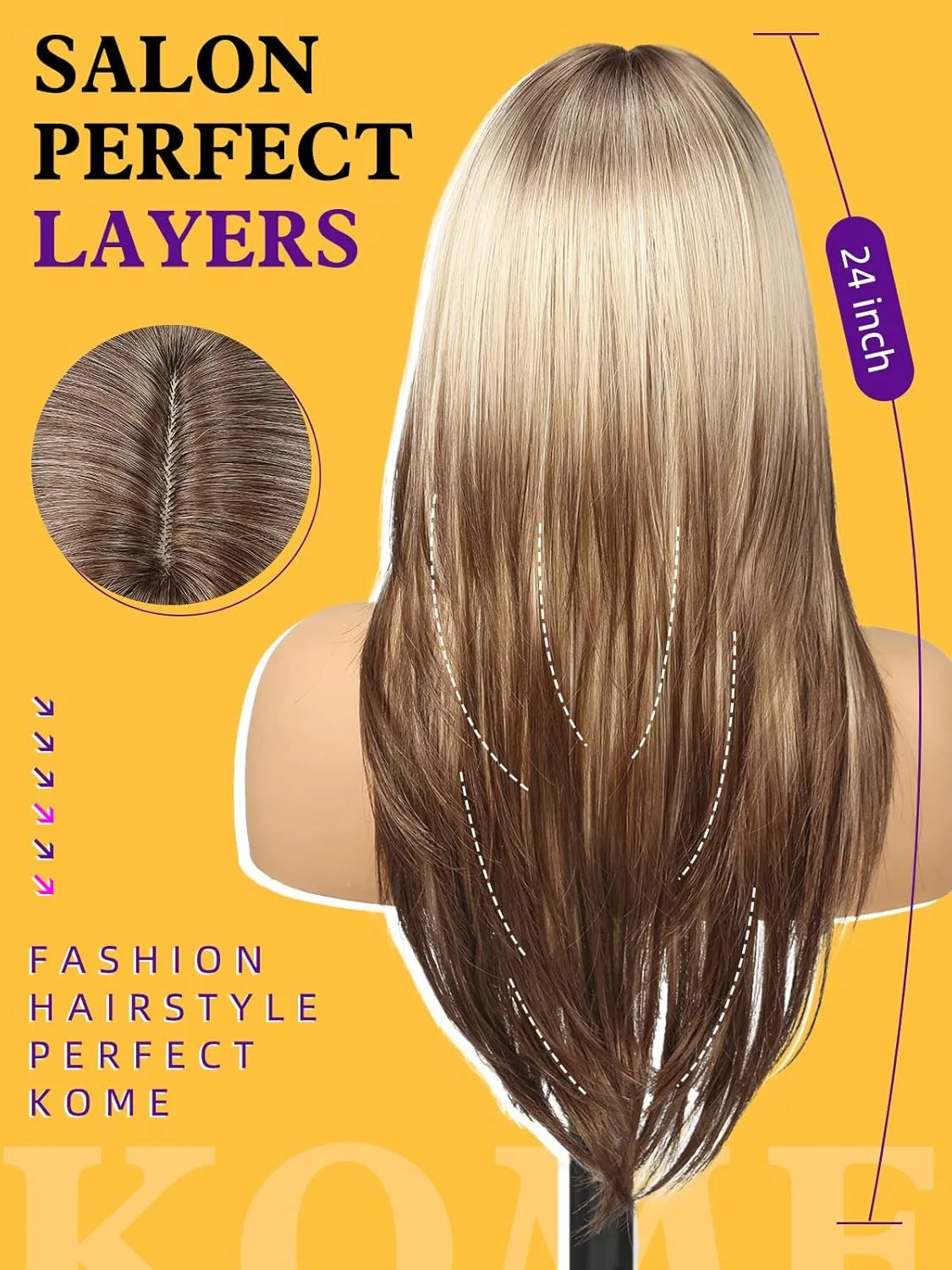 Ombre Blone-Brown Long Layered Straight Wig with Curtain Bangs for Women,Synthetic Heat Resistant Natural Looking Hair Wig for Party Cosplay Dality Use 24IN