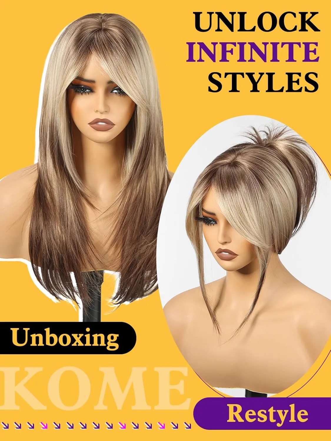 Ombre Blone-Brown Long Layered Straight Wig with Curtain Bangs for Women,Synthetic Heat Resistant Natural Looking Hair Wig for Party Cosplay Dality Use 24IN