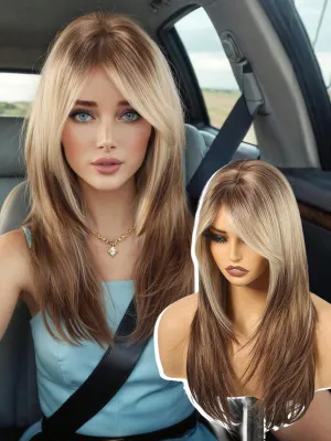 Ombre Blone-Brown Long Layered Straight Wig with Curtain Bangs for Women,Synthetic Heat Resistant Natural Looking Hair Wig for Party Cosplay Dality Use 24IN