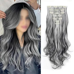 Ombre Color Hair Extension Clip In Hair Extensions Long Wavy Curly Hair Extension Invisible Fluffy Soft Synthetic Hair Piece 22 In 7 pcs Grey White