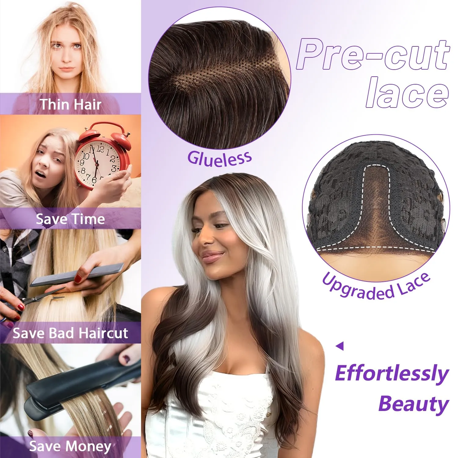 Ombre Gray Brown Glueless Wigs for Women Pre Cut Synthetic Lace Hairline Long Layered Straight Hairstyle 26 Inch