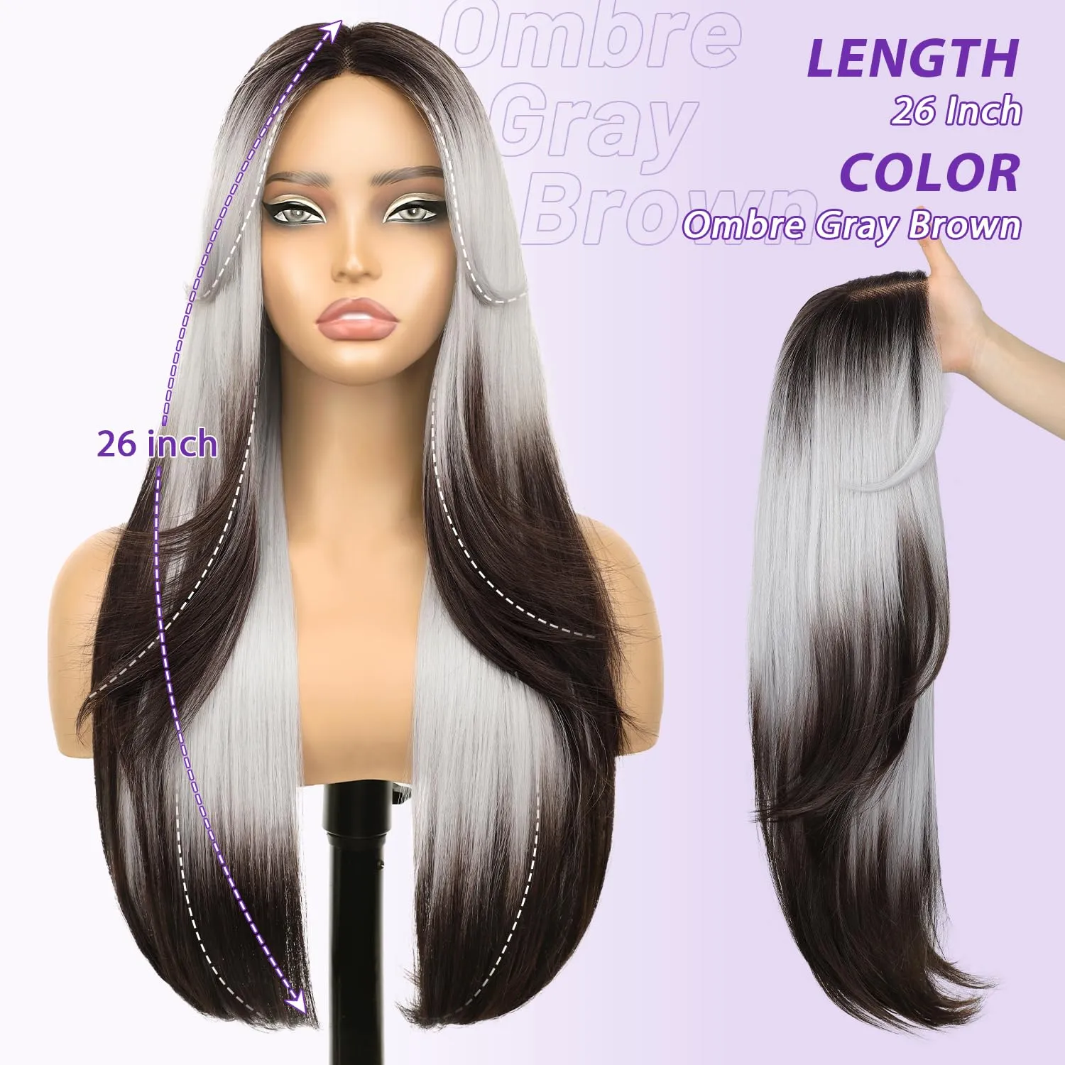 Ombre Gray Brown Glueless Wigs for Women Pre Cut Synthetic Lace Hairline Long Layered Straight Hairstyle 26 Inch