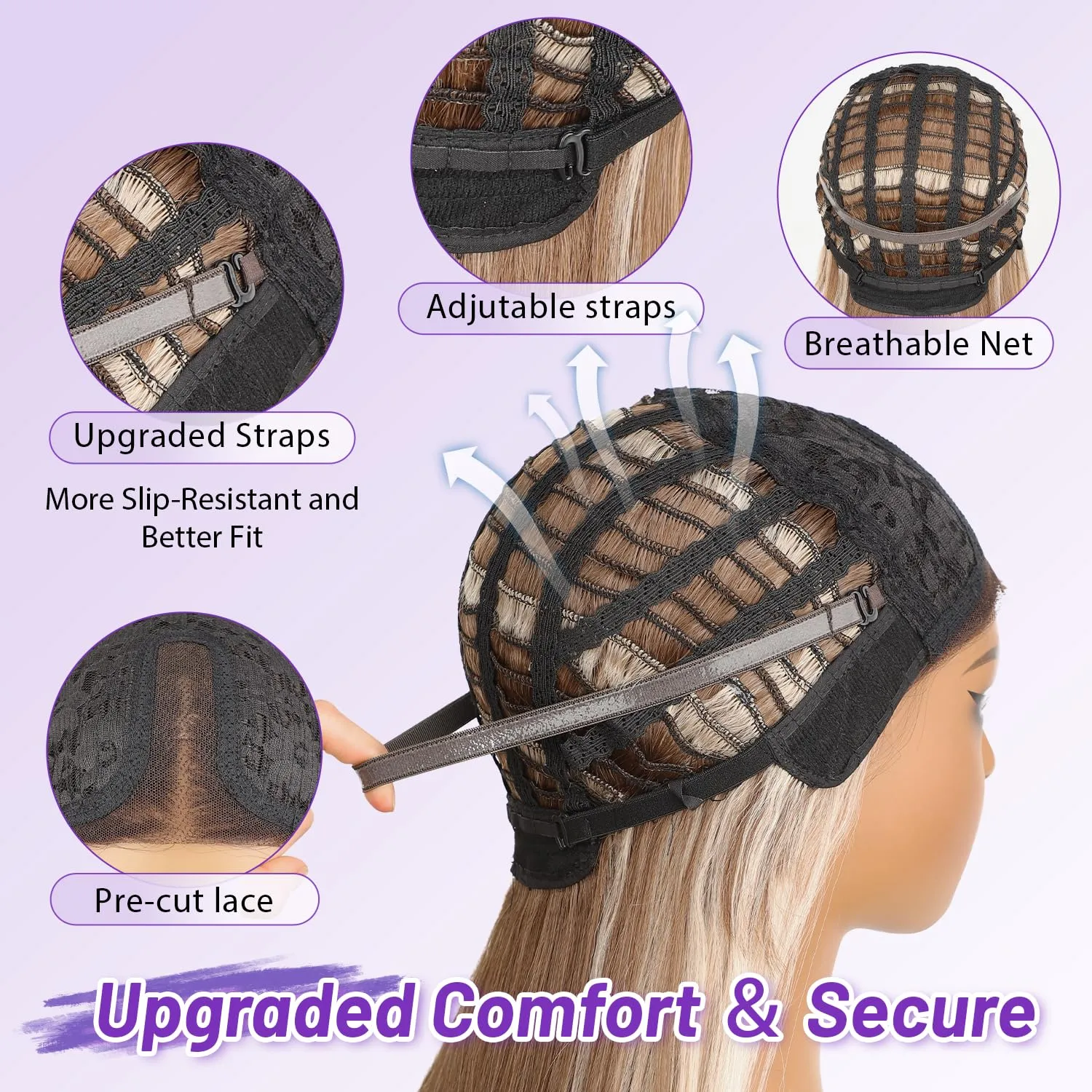 Ombre Gray Brown Glueless Wigs for Women Pre Cut Synthetic Lace Hairline Long Layered Straight Hairstyle 26 Inch