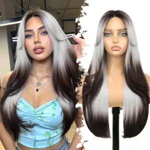 Ombre Gray Brown Glueless Wigs for Women Pre Cut Synthetic Lace Hairline Long Layered Straight Hairstyle 26 Inch