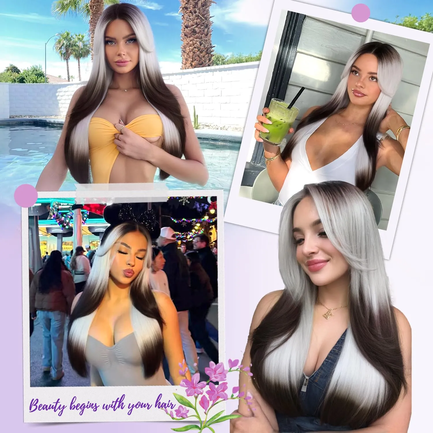 Ombre Gray Brown Glueless Wigs for Women Pre Cut Synthetic Lace Hairline Long Layered Straight Hairstyle 26 Inch