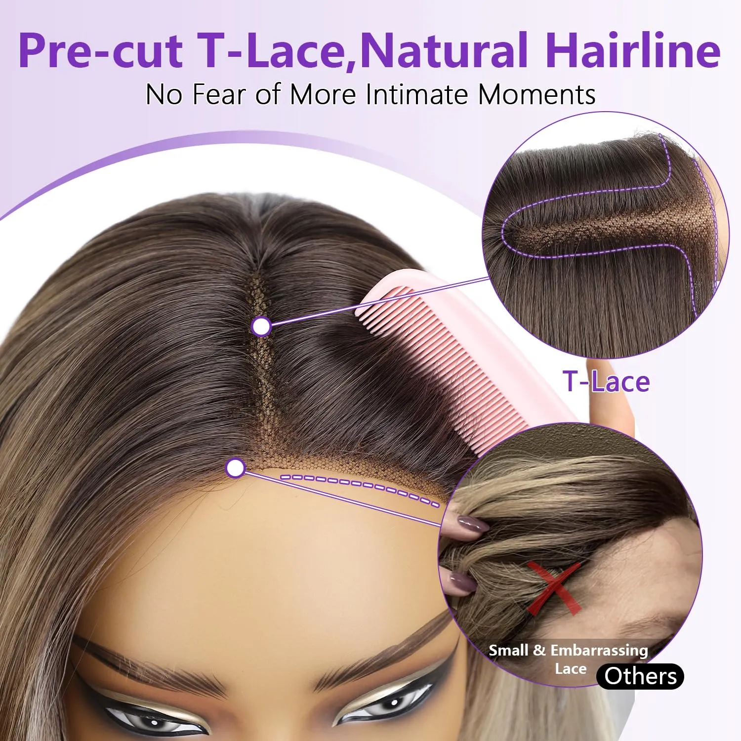 Ombre Gray Brown Glueless Wigs for Women Pre Cut Synthetic Lace Hairline Long Layered Straight Hairstyle 26 Inch