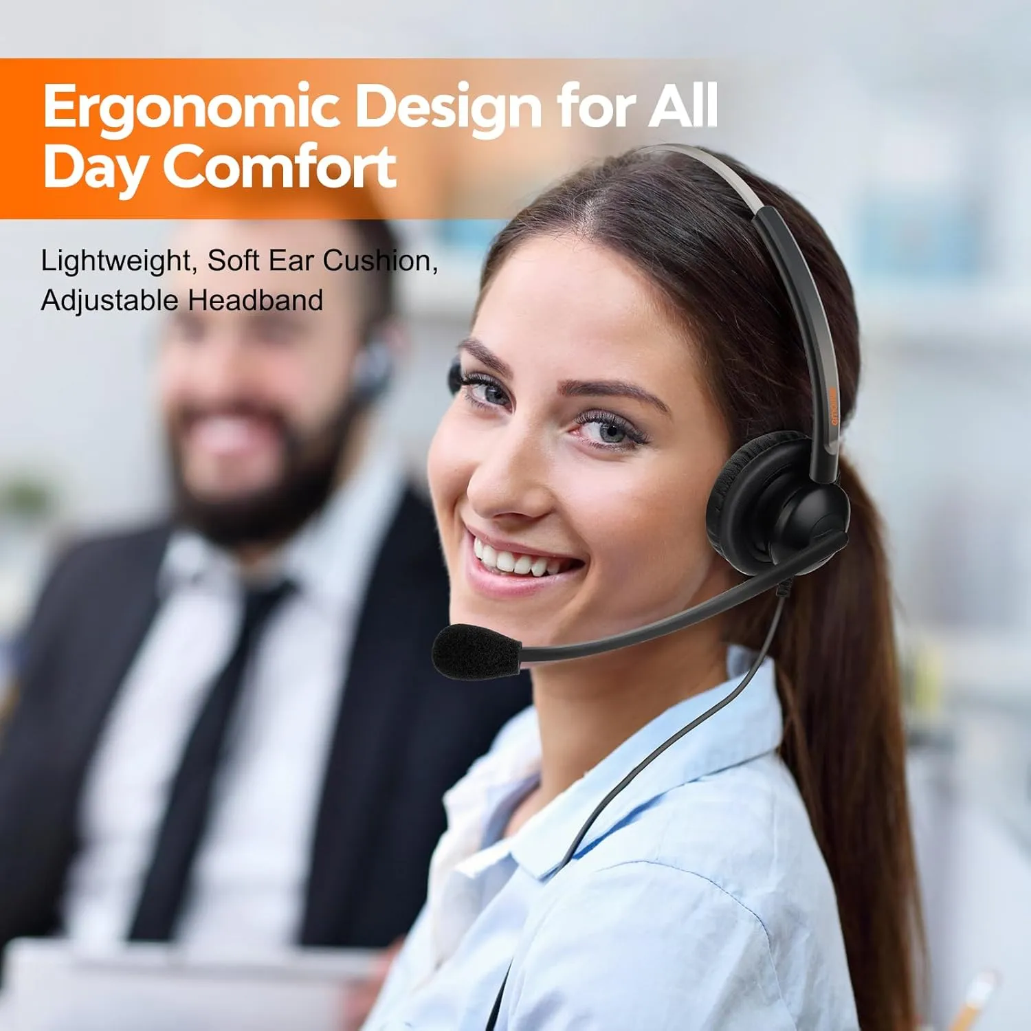 One Ear Wired Office Headset | Single Ear RJ9/RJ11 Call Center Telephone Headset | Noise-Cancelling Mic | Compatible with Landline/IP Phones - Yealink, Sangoma, Grandstream, Akuvox, Escene