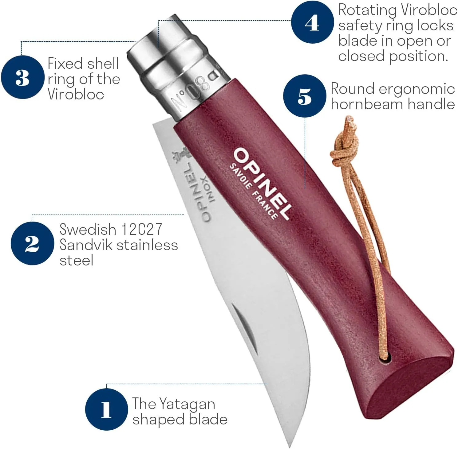 Opinel Colorama Series No. 8 - Stainless Steel Everyday Carry Folding Pocket Knife with Leather Strap, Painted Hornbeam Handles