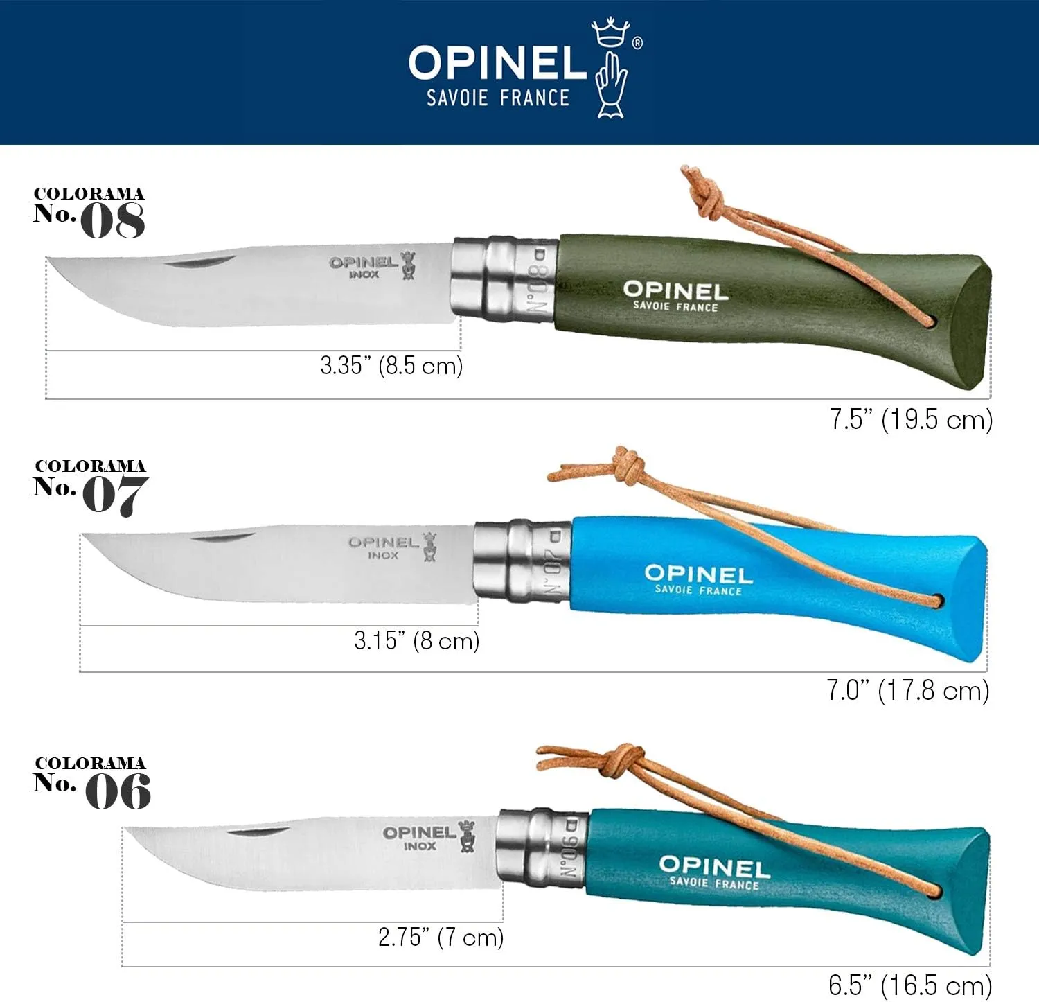 Opinel Colorama Series No. 8 - Stainless Steel Everyday Carry Folding Pocket Knife with Leather Strap, Painted Hornbeam Handles