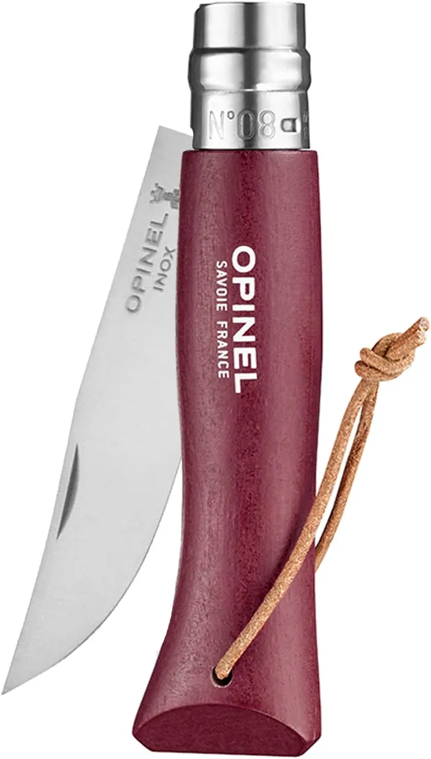 Opinel Colorama Series No. 8 - Stainless Steel Everyday Carry Folding Pocket Knife with Leather Strap, Painted Hornbeam Handles