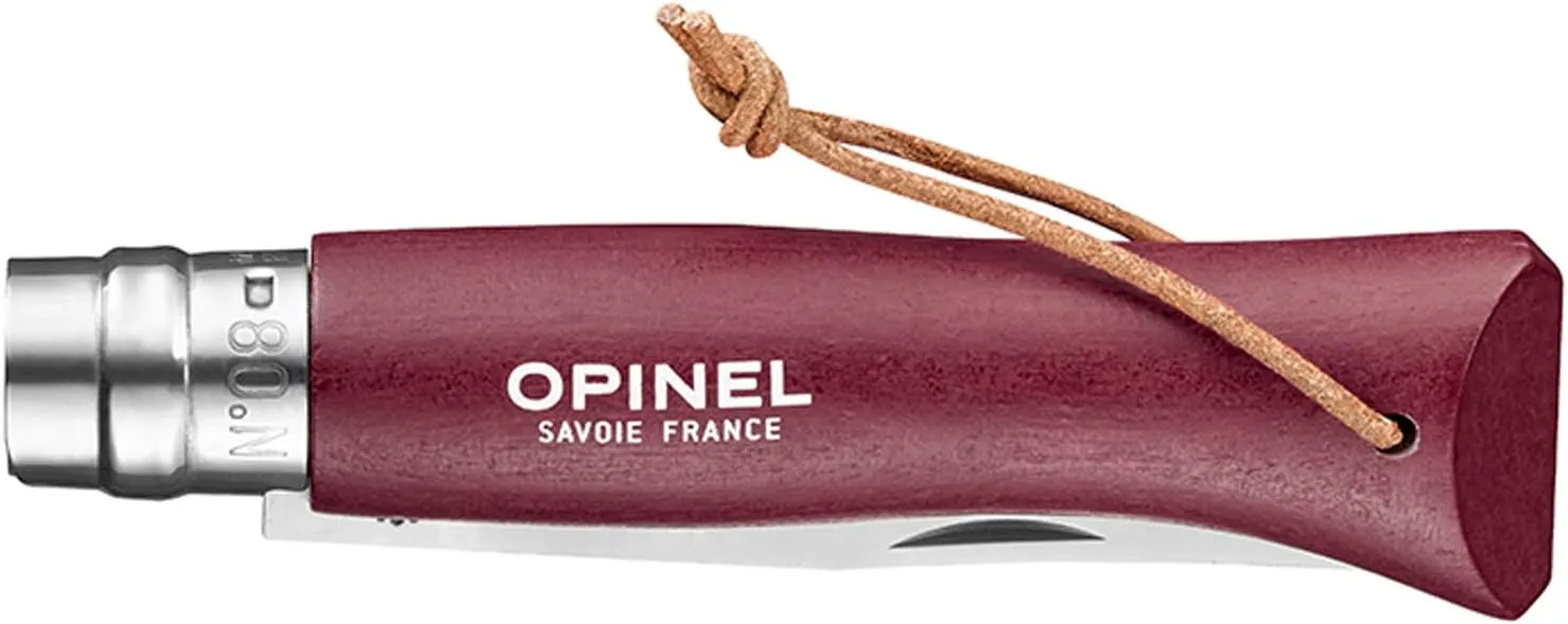Opinel Colorama Series No. 8 - Stainless Steel Everyday Carry Folding Pocket Knife with Leather Strap, Painted Hornbeam Handles
